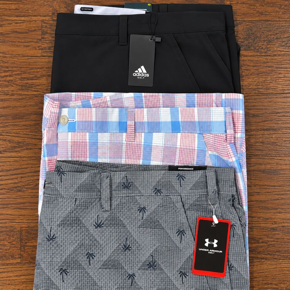 Lot of 3 pair PGA Tour Adidas Golf Shorts Black gray Palm tree Plaid Men's 42